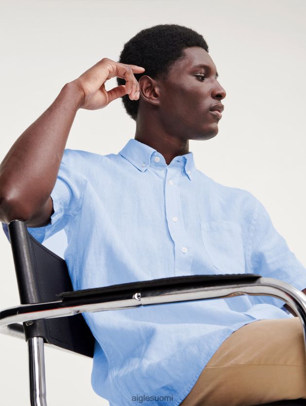 Aigle miehet pellava lyhythihainen paita bleu ciel vaatteet 0H0BPX131