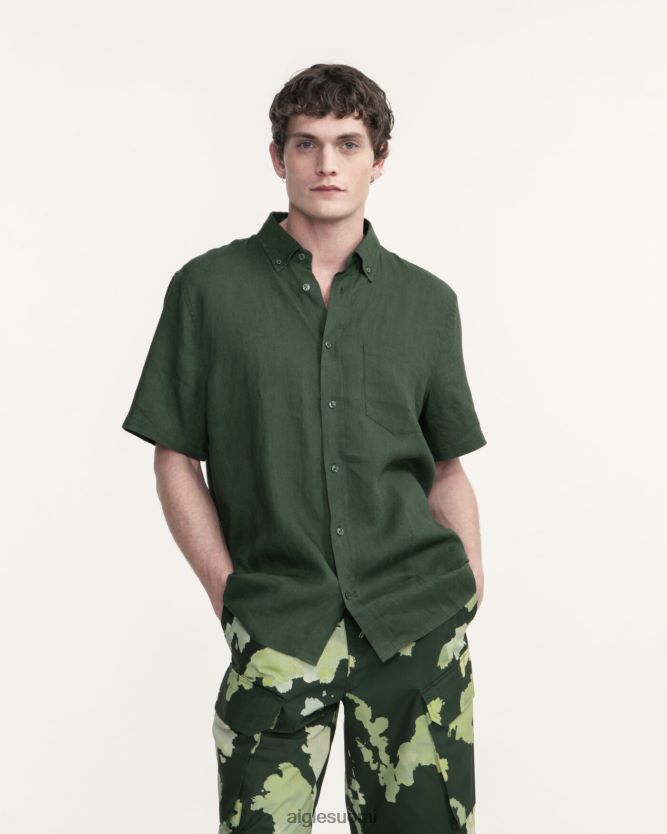 Aigle miehet pellava lyhythihainen paita kasvitieteellinen vaatteet 0H0BPX55