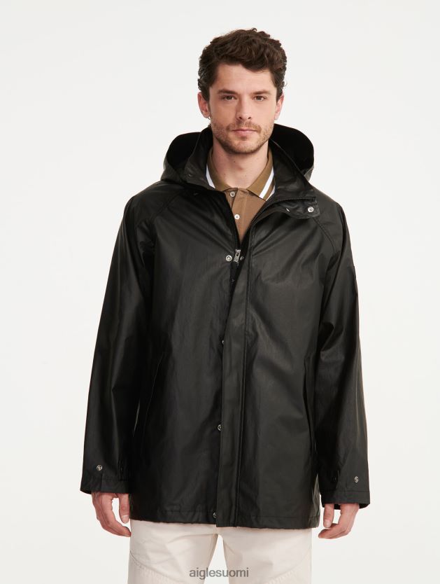 Aigle miehet keskipitkä hupullinen päällystetty takki noir vaatteet 0H0BPX213